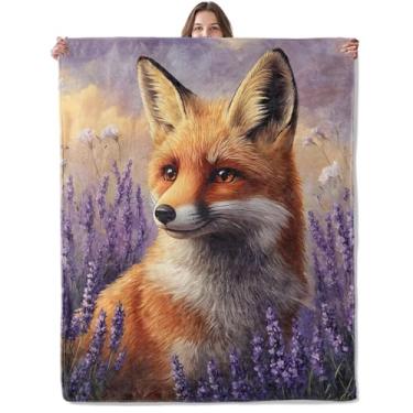 Imagem de Lugiu Cobertor de raposa elegante, leve, confortável, lavanda, campo e vida selvagem, manta para sofá, quarto, flanela macia e aconchegante, cobertores românticos, presentes para mulheres, meninas