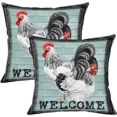 Imagem de Puacino Conjunto de 2 capas de almofada de galo, 45,7 x 45,7 cm com estampa frente e verso, capas de almofada de boas-vindas para fazenda, galinha, aves, decoração para sofá, entrada, varanda