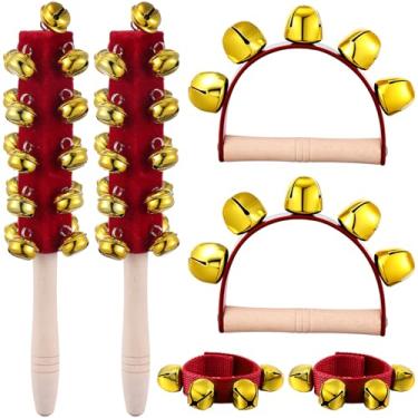 Imagem de 6 sinos de trenó de Natal, inclui 2 sinos de mão de madeira, 2 sinos de trenó e 2 sinos de pulseira para música de férias, presentes de aniversário, sinos dourados festivos para celebração de Natal
