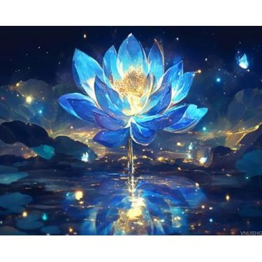 Imagem de VNUIEHG Kit de pintura de lótus azul por números para adultos, pintura estética moderna por número em tela, kits de pintura a óleo digital de arte abstrata adequados para decoração de parede de casa