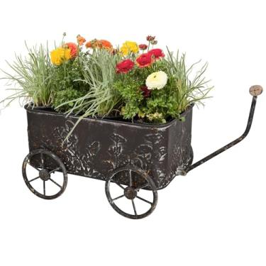 Imagem de Zokyntrix Carrinho de flores com alças de madeira, vasos de vagão de metal para plantas ao ar livre, plantador de jardim com rodas de vagão, carrinho de mão decorativo, carrinho de plantas para