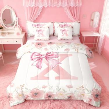 Imagem de Erosebridal Jogo de cama Queen com letra X com laço de princesa sonhadora, floral, estilo fresco, rosa, branco, para decoração de quarto