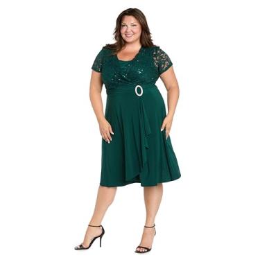 Imagem de R&M Richards Vestido feminino elegante de renda com lantejoulas | Decote em V franzido na cintura até o joelho vestido evasê com fivela, Pinheiro, 44