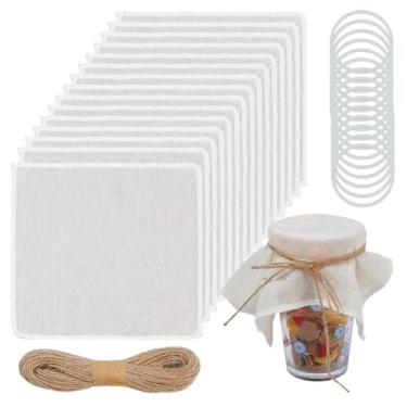 Imagem de SUPERFINDINGS Pacote com 30 panos de cobertura de pote de 23 cm capas de tecido de musselina não branqueada tampas decorativas de conservas capas quadradas com 30 elásticos e corda de juta de 10