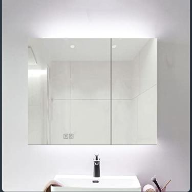 Imagem de SPXMQSS Armário de espelho de LED, armário de espelho de banheiro luz ambiente de desembaçamento inteligente com orifício de papel conveniente armários de banheiro com luzes 2 portas com branco