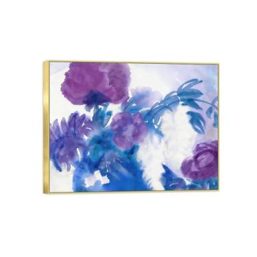 Imagem de Pintura de arte de parede de flores - imagem de decoração vintage - azul branco roxo flores 2 - impressões em tela moldura dourada para sala de estar 90 x 117 cm 35 x 46 pol