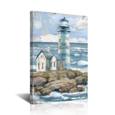 Imagem de CXHOSTENT Imagens de farol arte de parede decoração de banheiro costeiro oceano paisagem marítima impressões em tela pinturas de praia paisagem náutica arte decoração de casa emoldurada (azul-petróleo
