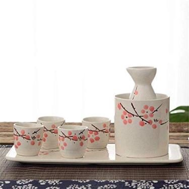 Imagem de uhyOHF Conjunto de 7 peças de saquê japonês com panela e bandeja para aquecedor de vinho, design tradicional pintado à mão, porcelana, cerâmica, cerâmica, artesanato, branco (