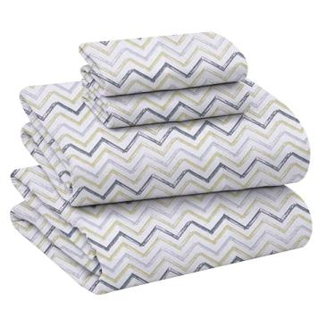 Imagem de ZOYER Jogo de lençol solteiro de flanela – Roupa de cama de flanela de algodão macio e confortável, ajustável até 40,6 cm, jogo de cama solteiro escovado, 3 peças, Zig e Zag