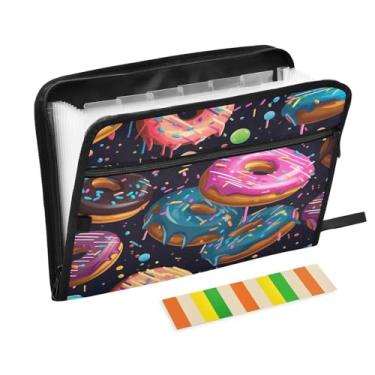 Imagem de Wassud Desenhos animados Donuts 13 bolsos organizador de arquivos sanfonado pastas expansíveis com abas e adesivos, papel tamanho carta A4 recibo de papel organizador de pastas de documentos para