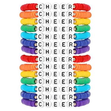 Imagem de Dreuyet 12 pulseiras de torcida para mulheres e homens, presentes de líder de torcida, empilháveis, coloridas, multicamadas, Heishi, surfista, argila de polímero CHEER, pulseira da amizade, dia do