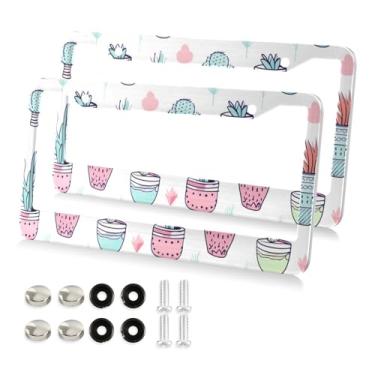 Imagem de Qilmy Molduras de placa de licença 2 pacotes, capas de placa de licença de planta em vaso de cacto de desenho animado, moldura universal de etiqueta de alumínio para etiquetas dianteiras e traseiras