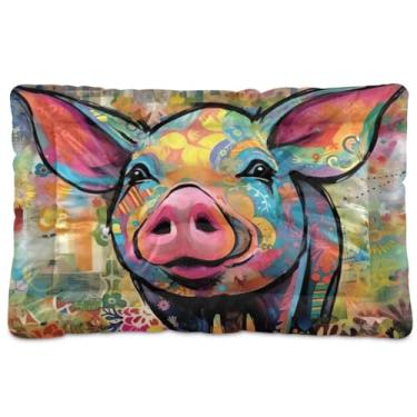 Imagem de Wassud Pintura de porco feliz com corações desenhados à mão, cama de cachorro grande, tapete de cama para cães ao ar livre, lavável para animais de estimação, cama de gato para dormir, viagens, 45 x