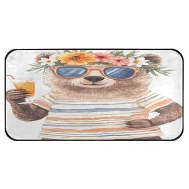 Imagem de Burbuja Urso usando óculos de sol flor grinalda tapete de cozinha 51 x 99 cm, tapete lavável antiderrapante com suporte de borracha, tapete para cozinha, sala de estar, banheiro, decoração de casa
