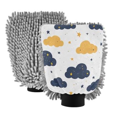 Imagem de STAYTOP Luvas de lavagem de carro com nuvens escuras de desenho animado, 2 peças, luvas de microfibra de chenille, sem arranhões, panos de esponja de lavagem ultra absorventes para carros, limpeza