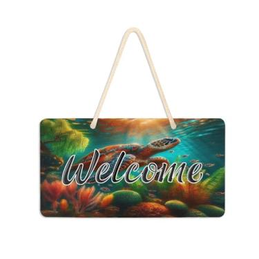 Imagem de Burbuja Placa de boas-vindas de tartaruga marinha sob o mar para porta da frente, placa de boas-vindas de PVC para decoração de férias, 15 x 28 cm