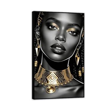Imagem de SDYJ6GSW Arte de parede em tela de mulher afro-americana em ouro preto com estampa de pôsteres de fotos de meninas negras decoração de parede para quarto, sala de estar, decoração de casa, moldura