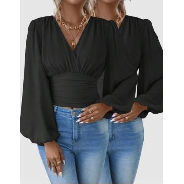 Imagem de Kit 2 Blusas Feminina Social Manga Longa Bufante Moda Elegante Confort