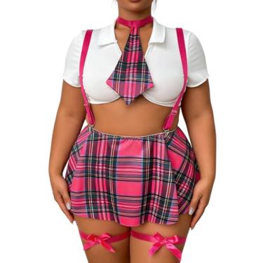 Imagem de ShawGobow Roupa sexy plus size, top cropped de gravata e minissaia xadrez, conjunto de lingerie cosplay para mulheres curvilíneas, fantasia rosa choque XX-Grande