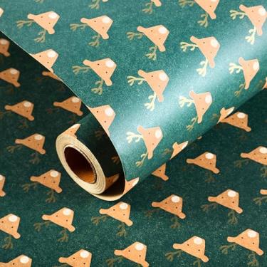Imagem de Miss DuiDui Rolo de papel de embrulho de Natal, verde, 43 cm x 83 cm, papel de embrulho Kraft com design de renas de Natal para Natal, crianças, meninas, meninos, bebê, festa, aniversário, feriado