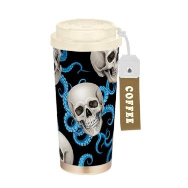 Imagem de Caneca de viagem de café 40 ml com canudo e tampa, revestimento cerâmico, isolamento a vácuo, paredes duplas, caveiras, azul, polvo preto