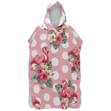Imagem de Joisal Poncho de surfe para adultos, roupão de banho, toalhas com capuz, secagem rápida, flores tropicais, flamingos, rosa, ponchos adultos para mulheres