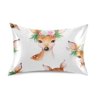 Imagem de Fronhas Florais Fofos Cervos Florais Branco Animal Cetim Refrescante Padrão King Queen Fronha Arte Bonita Roupa de Cama Extra Macia Tamanho Queen 76,2 cm x 50,8 cm