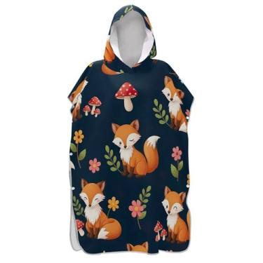 Imagem de TSENQUE Roupão de trocador fofo de raposas de desenho animado flores poncho de surfe adulto absorvente masculino com capuz impressão toalha de praia