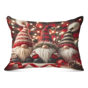 Imagem de Capa de almofada de pelúcia vermelha com chapéus de gnomo de Natal para a pele, travesseiro Queen 50 x 76 cm