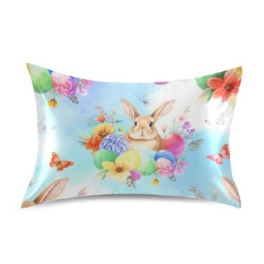 Imagem de Travesseiros coloridos de coelho primavera flores de cetim engraçado resfriamento padrão King Queen travesseiros deslizantes impressão artística travesseiro de cama tamanho queen 76,2 cm x 50,8 cm