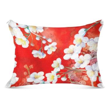 Imagem de Fronhas de flanela vermelha flores de cerejeira branca com zíper padrão king queen size fronha fofa macia grande travesseiro de corpo, tamanho Queen, 50,8 cm x 76,2 cm