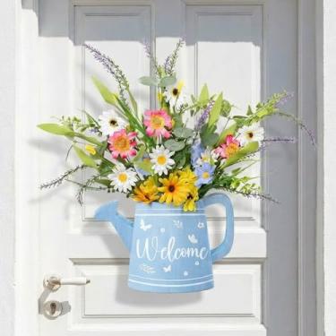 Imagem de Chengu Vaso de parede com placa de boas-vindas de mola de madeira com flores silvestres artificiais, decorações de primavera para jarro de casa, cabide de porta, decoração de parede para festa de