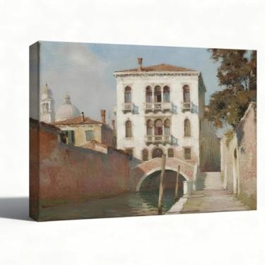 Imagem de Arte de parede em tela da ponte do canal de Veneza, reprodução clássica de pintura a óleo da paisagem urbana europeia, decoração arquitetônica vintage para sala de estar, pronta para pendurar