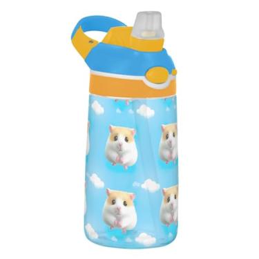 Imagem de Cute Hamster Animals Garrafa de água esportiva infantil azul para escola, 473 ml Tritan 473 ml garrafa de água com canudo, copos de viagem infantis reutilizáveis à prova de vazamento, alça de