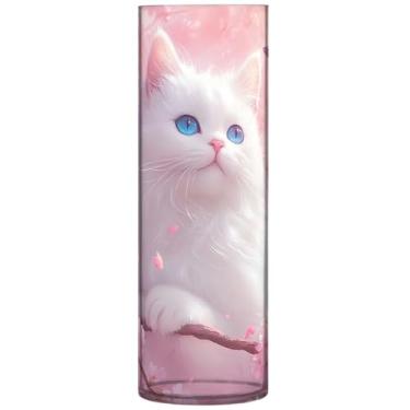 Imagem de Vaso de flores cilíndrico para mesa rosa gato flor de cerejeira grandes vasos de outono impressão personalizada decoração de casa sala de estar, 30 cm x 9,9 cm