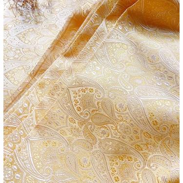 Imagem de JUANJUAN Tecido brocado por jarda, 74 cm para bricolage, artesanato, brilho luxuoso, vestido de casamento drapeado leve e nítido, fantasias, moda, SE (tamanho: 1 m/39,3 polegadas, cor: 06 - amarelo)