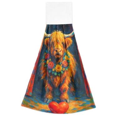 Imagem de Joisal Toalhas de mão de cozinha florais de vaca Highland com laço para pendurar altamente absorvente conjunto de 2 toalhas de cozinha de outono fofas 47 x 35 cm