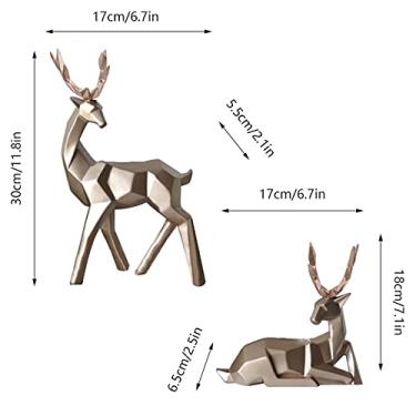 Imagem de GLOGLOW Conjunto de 2 Itens Decorativos de Mesa, Dourado, Decorativo para Mesa de Trabalho Doméstica, Sala de Estar e Jardim, Escultura de Cervo de Resina Sentada e Em pé Nan (Pequeno 31x23cm)