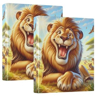 Imagem de Fichários engraçados personalizados com leão, savana africana, 3,8 cm, 3 argolas, 200 folhas, 3 pastas de anel, fichário de escritório com anel redondo, 31,5 x 27 x 6 cm, pacote com 2