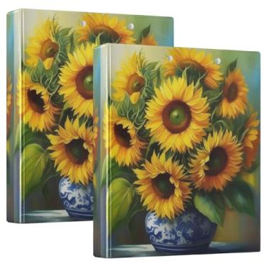 Imagem de Pastas de 3 anéis de girassóis amarelos 3,8 cm, 200 folhas, pastas florais para cadernos, fichário de apresentação de anel redondo, 31,5 x 27 x 6 cm, pacote com 2
