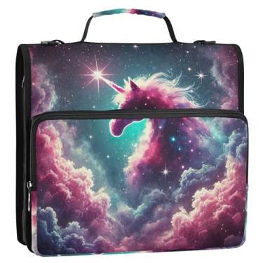 Imagem de Mystic Galaxy Unicórnio Fantasia 3 argolas fichário resistente com zíper organizador com alça de ombro para escola pasta de portfólio de armazenamento de desenhos animados com alça