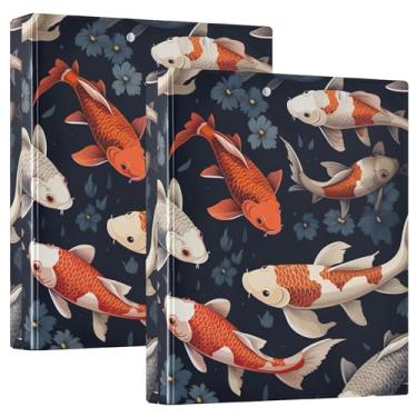 Imagem de Fichários de 3 anéis com estampa de peixe Koi colorido personalizado, 200 folhas, anel redondo, resistente, 31,5 x 27 x 6 cm, pacote com 2