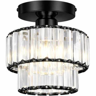 Imagem de Luminária Lustre Teto 20x15cm 30 Cristais Metal Preto 2 Andares Plafon