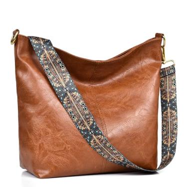 Imagem de Bolsa tiracolo feminina moderna Hobo de couro genuíno com alça de guitarra para uso casual ou no trabalho, Marrom, Retrô