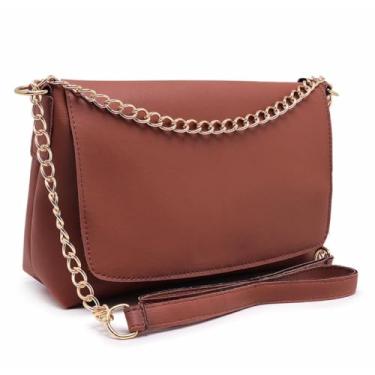 Imagem de Bolsa Transversal Feminina Elegante, Couro Sintético Preto, Alça de Corrente Dourada, Estilo Clássico (castanho)