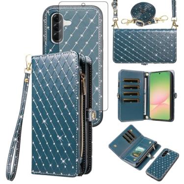 Imagem de Capa de celular para Samsung Galaxy A56 5G Carteira com zíper destacável com protetor de tela transversal alça de cordão Bling Glitter Flip porta-cartões A 56 56A LTE mulheres homens meninas verde