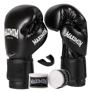 Imagem de Kit Luva Boxe Muay Thai Profissional Preto + Bandagem 5m + Protetor Bucal - Maximum Pro Series-Unissex