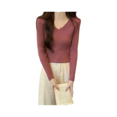 Imagem de Suéter Feminino De Tricô Gola V Slim Fit Manga Longa Cor Sólida Moda C