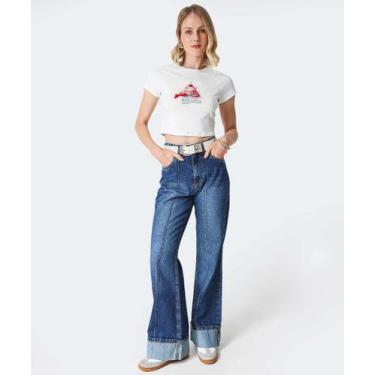 Imagem de Calça Jeans Wide Leg Feminina Barra Dobrada-01021 - Vizzy, Jeans azul,