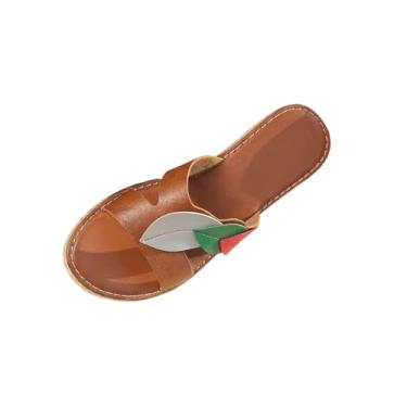 Imagem de Sandálias femininas envolventes de palha de sola grossa casuais plus size elegantes versáteis slides primavera verão moda PU, Marrom, 34